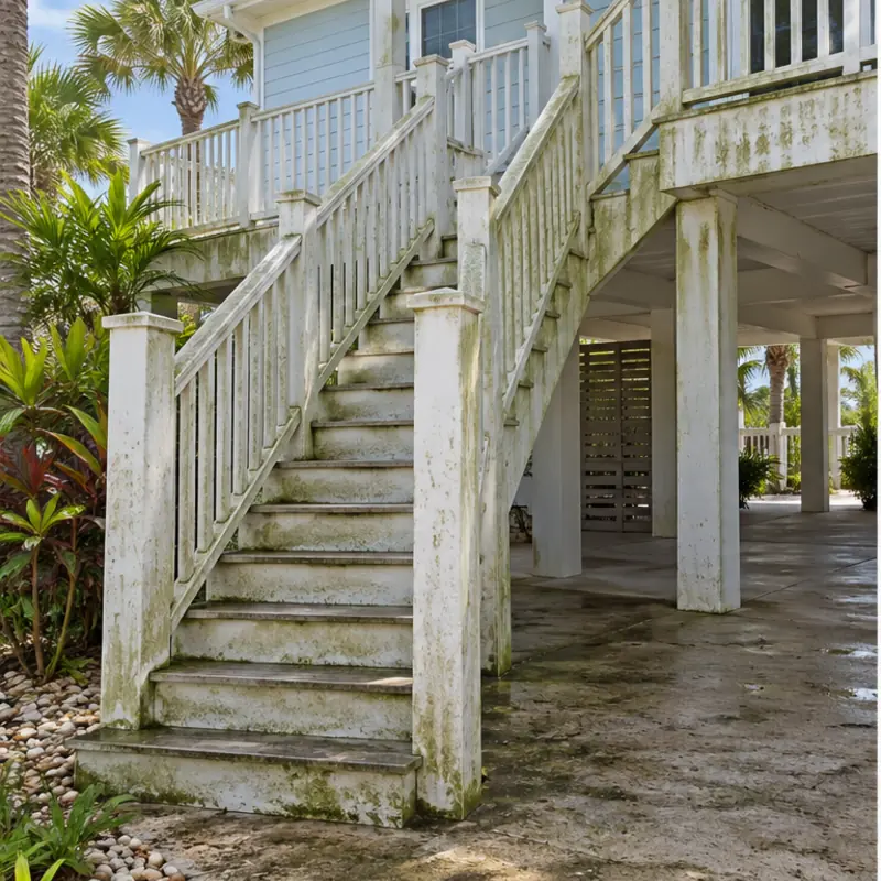 Before cleaning: before and after photos of an Anna Maria Island raised home and stairs
