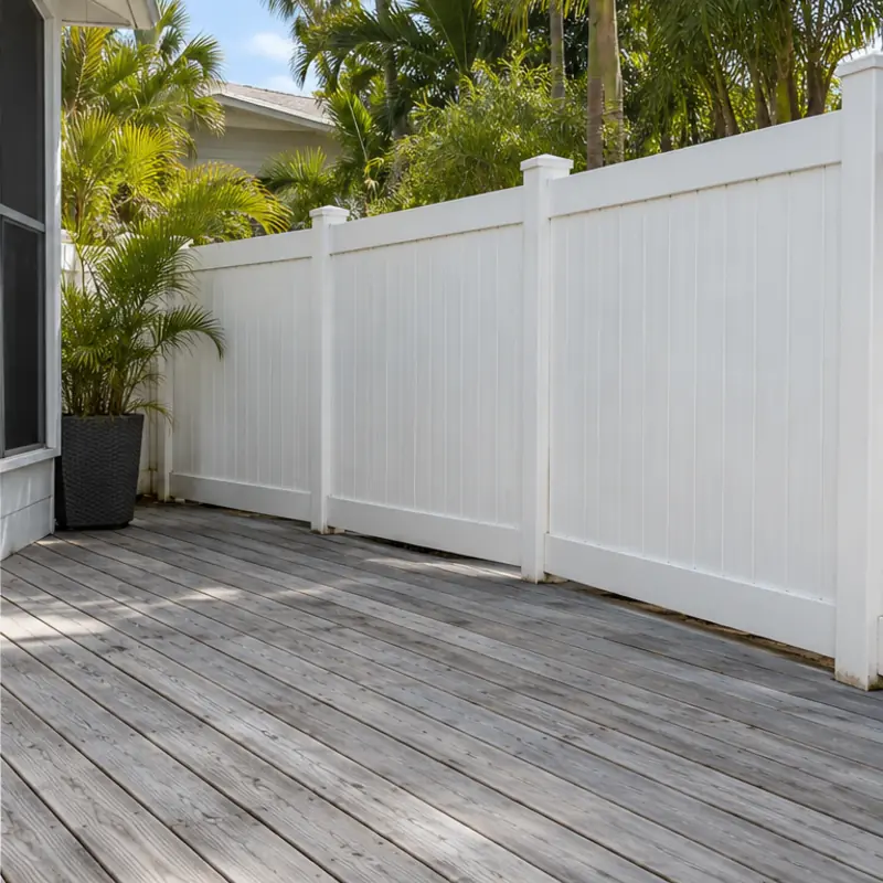 After cleaning: before and after photos of a green vinyl fence and a gray wood deck