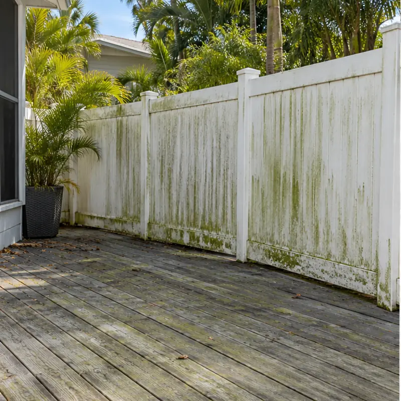 Before cleaning: before and after photos of a green vinyl fence and a gray wood deck