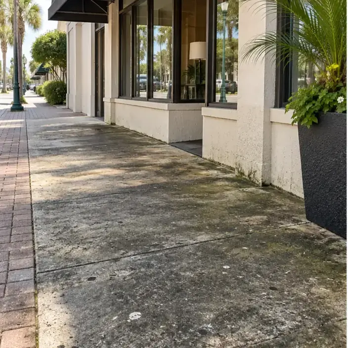 Before cleaning: before and after photos of a Downtown Bradenton sidewalk and storefront