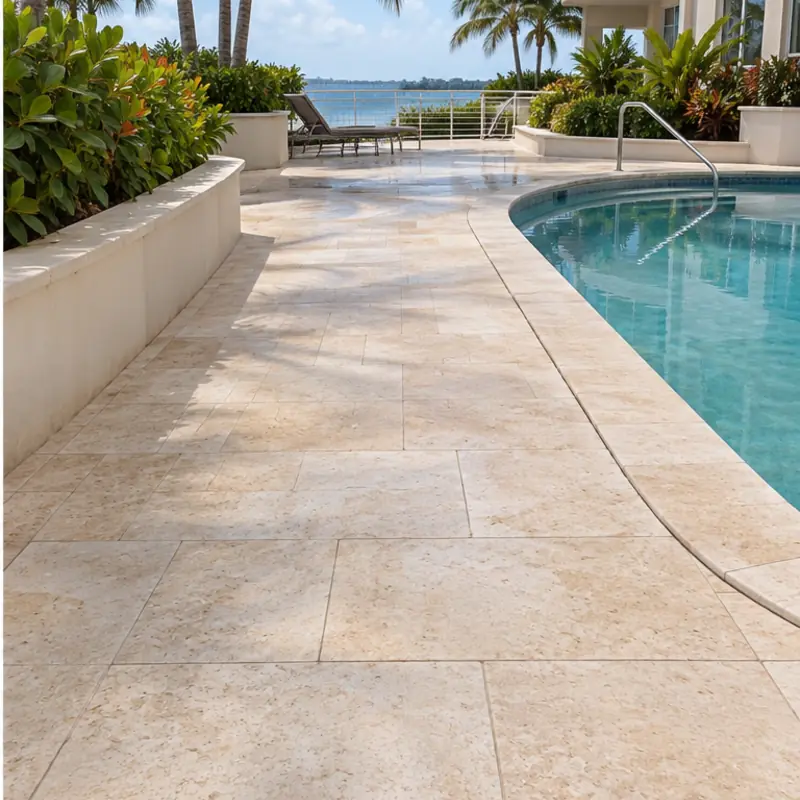 After cleaning: before and after photos of a Longboat Key condo walkway and travertine deck