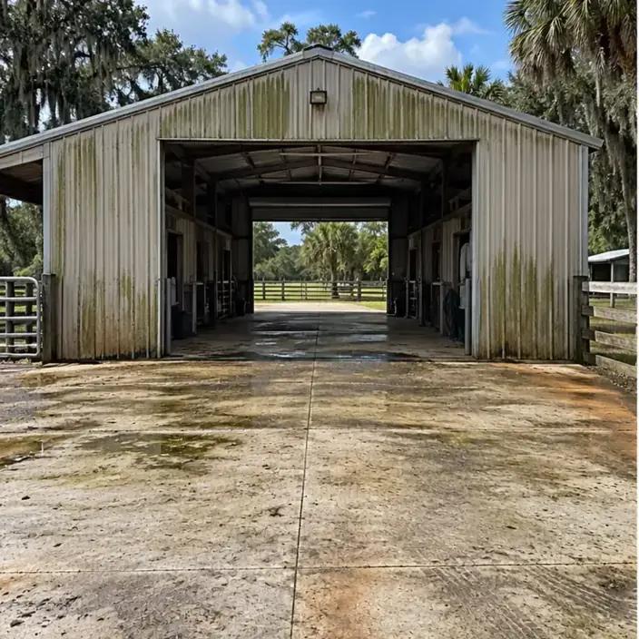 Before cleaning: before and after photos of a Myakka City metal roof and barn