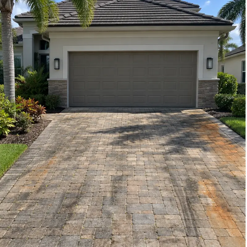 Before cleaning: before and after photos of a Parrish paver drive and rust stained concrete