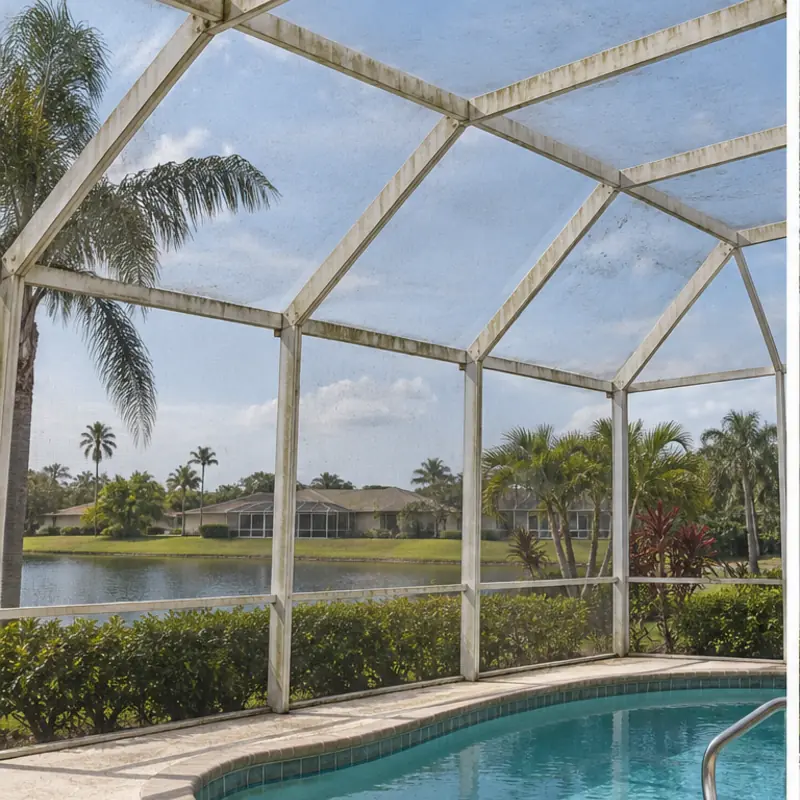 Before cleaning: before and after photos of pool cage frames and screens