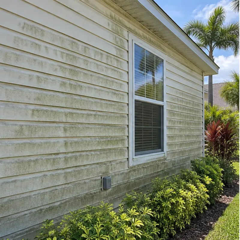 Light exterior siding before low-pressure cleaning
