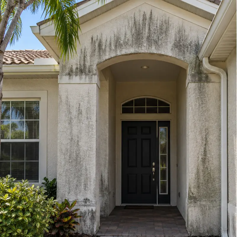 Before cleaning: before and after photo pairs from recent local stucco jobs