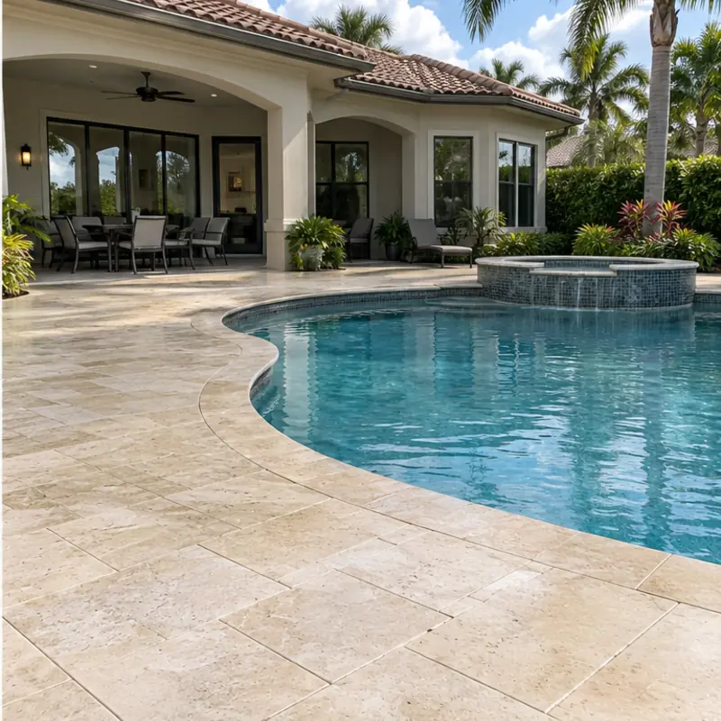 After cleaning: before and after photos of a University Park tile roof and travertine deck