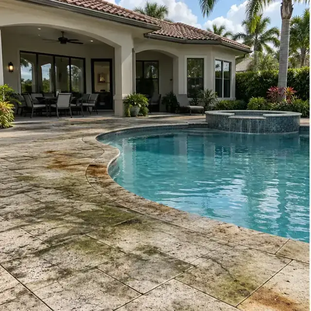 Before cleaning: before and after photos of a University Park tile roof and travertine deck